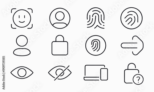 Biometric Security Icons Set – Face ID Fingerprint Eye Lock Outline Vector for Web and App UI