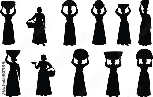 Rural Village Women Silhouette Carrying Baskets and Water Pots on Head, Traditional African or Indian Female Workers Standing in Long Skirts for Cultural Graphic Design