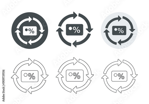 A set of six icons depicts a cashback or discount percentage card rotating in a circular arrow.