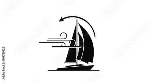 Sailboat sailing in windy conditions with curved arrow indicating motion on water surface