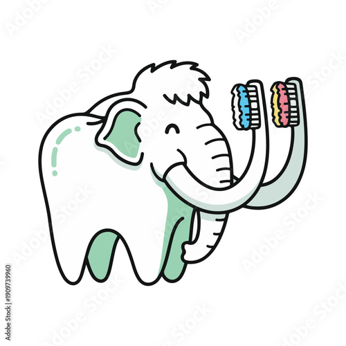 A playful tooth-shaped mammoth with toothbrushes for tusks, symbolizing dental hygiene and creative healthcare concepts, presented as a clean vector illustration