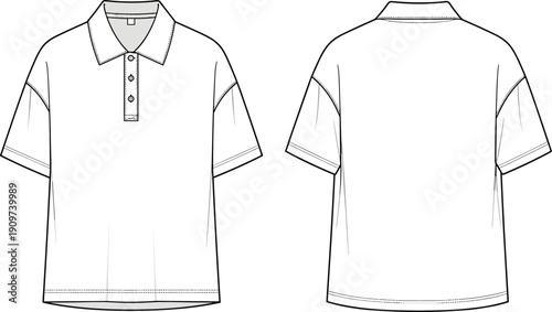 Oversized Polo Shirt Technical Fashion Sketch Vector Illustration for Apparel Design Development Featuring Front and Back Views and Drop Shoulder Details