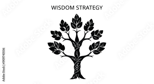 Black tree silhouette with leaves and roots, wisdom strategy symbol, minimalist logo, vector illustration for business concept