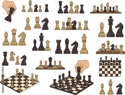 Collection of flat vector illustrations of chess pieces, boards, and hands making moves, strategy game icons for competition, logic, and intellectual hobby design