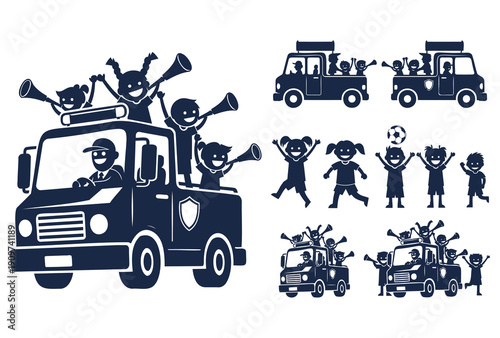 Celebratory police and emergency services convoy with diverse characters