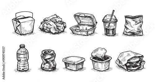 A black and white hand-drawn illustration of common disposable food packaging waste. Ideal for projects about environment, zero waste, design, or food industry.
