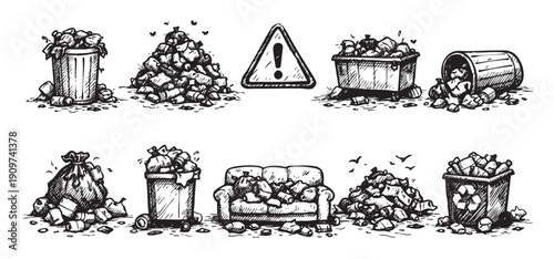 Set of illustrations of garbage piles, overflowing bins and a sofa with trash. Black and white drawing for environmental concepts, hygiene, waste management or recycling.