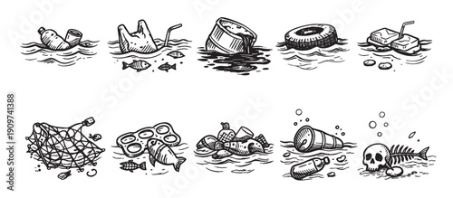 Line art illustration showcasing various types of marine pollution. Great for environmental awareness campaigns, educational resources, and promoting sustainable practices.