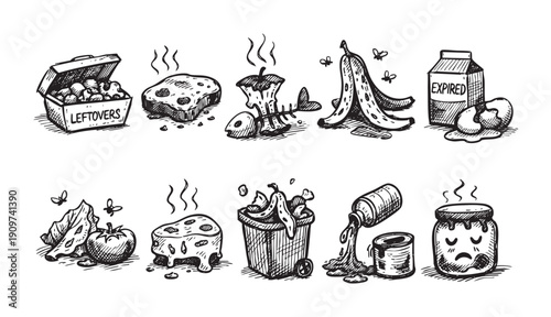 Hand-drawn illustration depicting various spoiled food items, symbolizing waste, decay, and expiration. Use for infographics, educational material on food waste, and environmental themes.