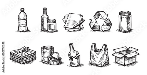 Illustrated recycling symbols and common waste items including bottles, cans, and cardboard boxes. Great for environmental campaigns, educational materials, and eco-friendly design projects.