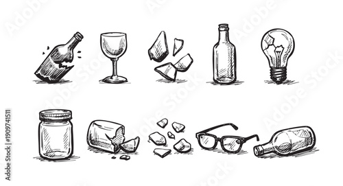 Hand-drawn illustration of glass waste including intact bottles, broken glass shards, and recyclable containers. Perfect for illustrating concepts like recycling, pollution, fragility, and environment