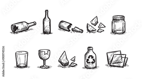 Hand-drawn illustration of glass waste including intact bottles, broken glass shards, and recyclable containers. Perfect for illustrating concepts like recycling, pollution, fragility, and environment