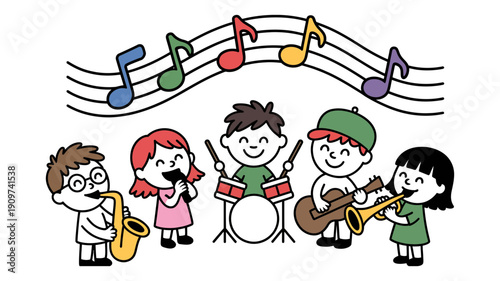A joyful group of diverse cartoon children enthusiastically plays various musical instruments together in a band.