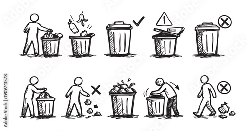 Vector doodle illustration depicting correct and incorrect waste disposal. Can be used for presentations, print media, educational materials about garbage and recycling.