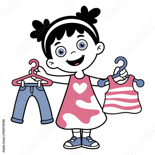 A happy cartoon girl proudly holding up two hangers with children's clothing.