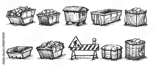 Hand drawn cartoon vector illustration featuring construction and demolition elements. Useful for construction companies, contractors, and building material suppliers.