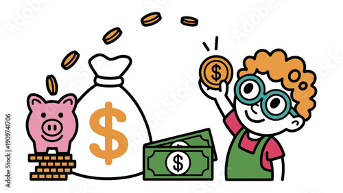 A smart cartoon boy is happily saving and investing money with a piggy bank and a money bag.