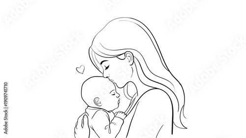 Minimalist line art illustration of mother kissing baby with love heart