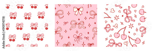 Coquette seamless pattern set featuring adorable designs of cherries, bows, hearts, and stars in soft pink and red tones. Perfect for feminine, playful, and trendy designs on products and stationery.