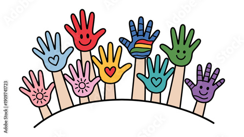 A vibrant collection of diverse, colorful cartoon hands are raised high, each with a cheerful face.