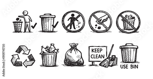 Hand-drawn illustration set featuring waste disposal, recycling, and anti-littering symbols. Perfect for educational materials, signage, infographics, or environmental awareness campaigns.