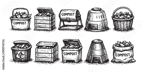 Hand-drawn vector set of compost bins, tumblers, containers for organic waste management, zero waste lifestyle. Ideal for eco-friendly, sustainable living or gardening content.