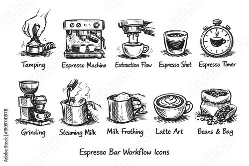 Hand-drawn illustration showcasing the stages of espresso preparation. Black and white graphics perfect for coffee shop branding, menus, and barista training materials.