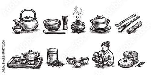 Hand drawn illustration showing tea ceremony equipment, cups, teapot, matcha bowl, tea container and tea maker, for menus, banners and traditional culture concepts.