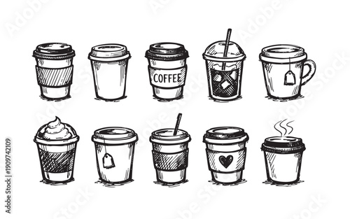 Black and white sketch of various coffee and tea cups on a white background. Use for menus, websites, blogs, and marketing for cafes and tea rooms.