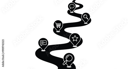Digital navigation path illustration with icons for search, shopping, and rating on white background for business, marketing, and technology concepts