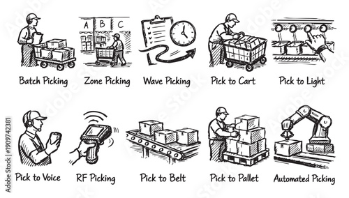 A hand drawn, sketchy illustration depicting the steps of a product return process, from inspection to refund. Ideal for e-commerce or business operations content.