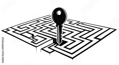 Black key unlocking solution to complex maze puzzle on white background, symbolizing problem solving and innovation