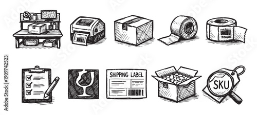 Hand-drawn doodle style icons for shipping, logistics, inventory, and e-commerce. Great for websites, infographics, presentations, and educational material about small business or supply chain.