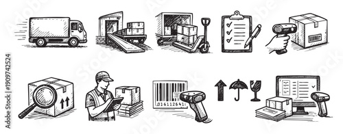 Hand-drawn illustration of delivery and logistics icons for online shopping, e-commerce, and shipping needs. Vector style suitable for use in web and print.
