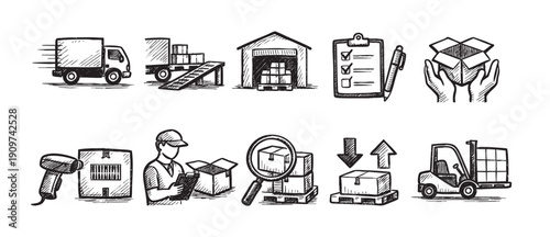 Black and white sketched icons depicting logistics, delivery, and supply chain concepts. Ideal for illustrating transportation, warehousing, quality control, and inventory management.