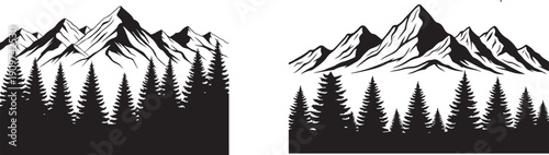 Mountain Landscape with Pine tree Forest Silhouette Black and White Nature. Mountain landscape silhouette illustration with alpine peaks and pine forest, Black silhouette mountain range with pine tree