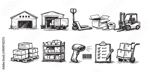 Hand-drawn style illustration of warehouse and delivery elements, including buildings, truck, forklift, boxes, and shipping equipment. Ideal for delivery, logistics, or business themes.