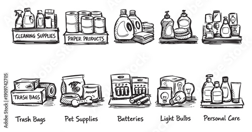 Black and white hand-drawn sketch of home essentials: cleaning supplies, paper products, batteries, lightbulbs, pet supplies, trash bags, and personal care products. Clean, simple illustration style.