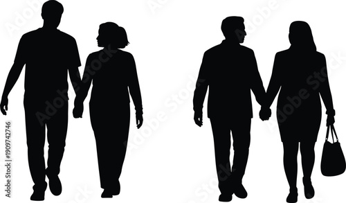 Couple silhouettes holding hands while walking together, everyday relationship and modern lifestyle concept isolated on white background
