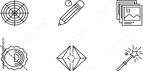 Graphic Design and Digital Imaging Icon Set Featuring Creative Pencil Tool, Vector Photo Gallery, Magic Wand, Polygonal Shapes, and Target Grid IllustrationsGraphic Design and 