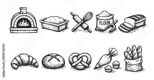 Collection of hand-drawn bakery goods and tools, in a sketch style. Ideal for illustrating menus, recipes, or food-related design projects.