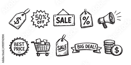 Collection of hand-drawn retail themed icons. Includes tags, sale sign, megaphone, shopping cart. Perfect for promotion, advertising, e-commerce, and shopping related designs.