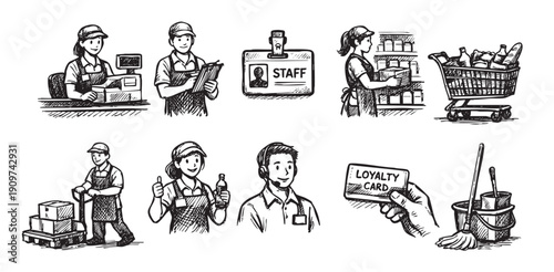 Hand-drawn style icons depicting supermarket staff and customer interaction elements. Includes cashier, stocker, shopping cart, customer service, and loyalty card.