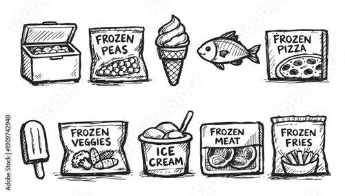 A playful collection of hand-drawn icons representing various frozen foods. Includes pizza, vegetables, ice cream, and more. Great for illustrating menus, recipes, or healthy eating concepts.