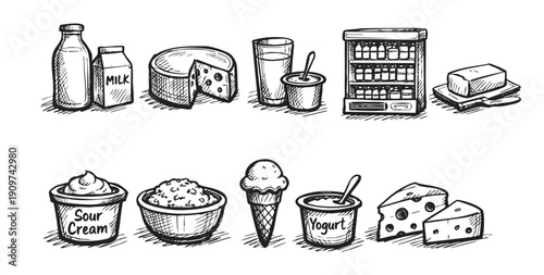 A set of hand-drawn illustrations of dairy products including milk, yogurt, cheese, and butter. Great for menus, grocery stores, and recipes.