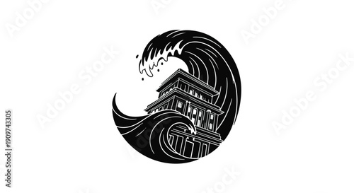 Japanese pagoda temple with wave crashing in ocean tsunami illustration, traditional architecture in danger, black and white