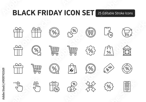 A collection of Black Friday themed line icons featuring gift boxes, percentage discounts, shopping carts, and retail items.