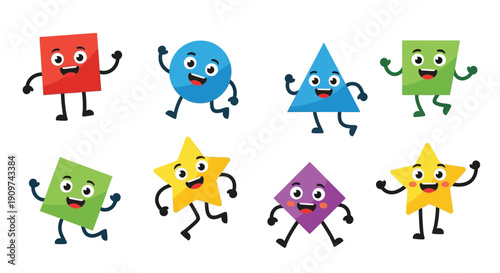 Animated geometric shapes with faces and arms and legs dancing