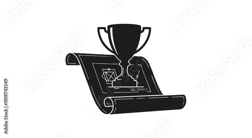 Award winning trophy on diploma certificate scroll, achievement symbol, success concept, business recognition, winner, champion, victory, accomplishment, honor