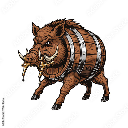 Wild Boar Barrel with Taps Vector Illustration for Brewery or Pub Branding